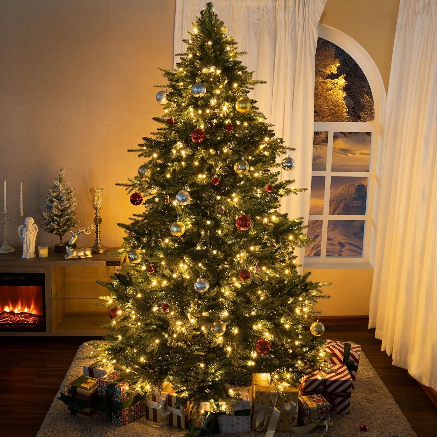 Cynthia 7.5ft Prelit Aritificial Christmas Tree with 3661 Branch Tips, 800 Warm Lights and Metal Stand, 60" Wide Realistic Rustic Christmas Tree with Lights by Naomi Home