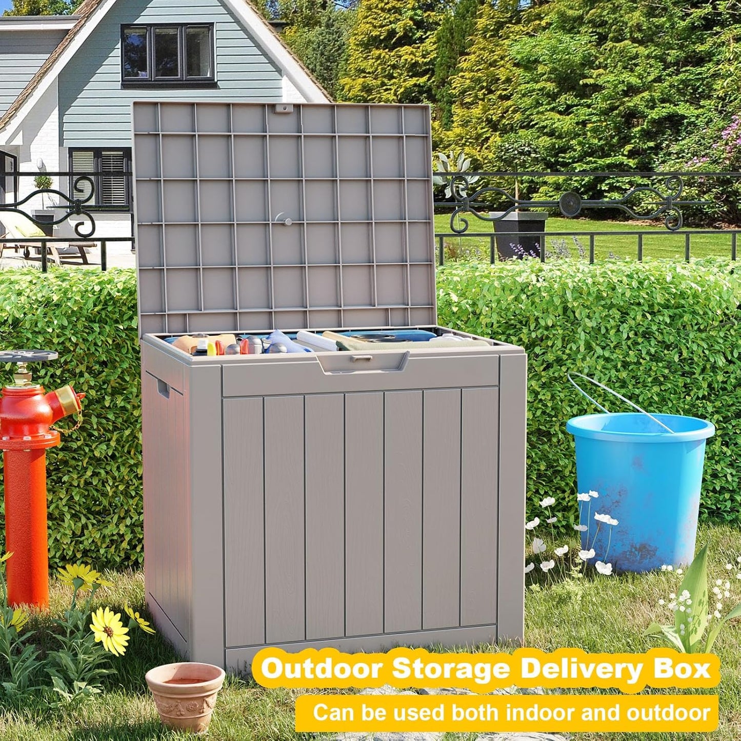 Vixzen 30 Gallon Resin Deck Box, Lockable Outdoor Storage Box for Patio Cushions Storage Furniture,Garden Tools, Pool Supplies, Weatherproof and UV Resistant- Grey