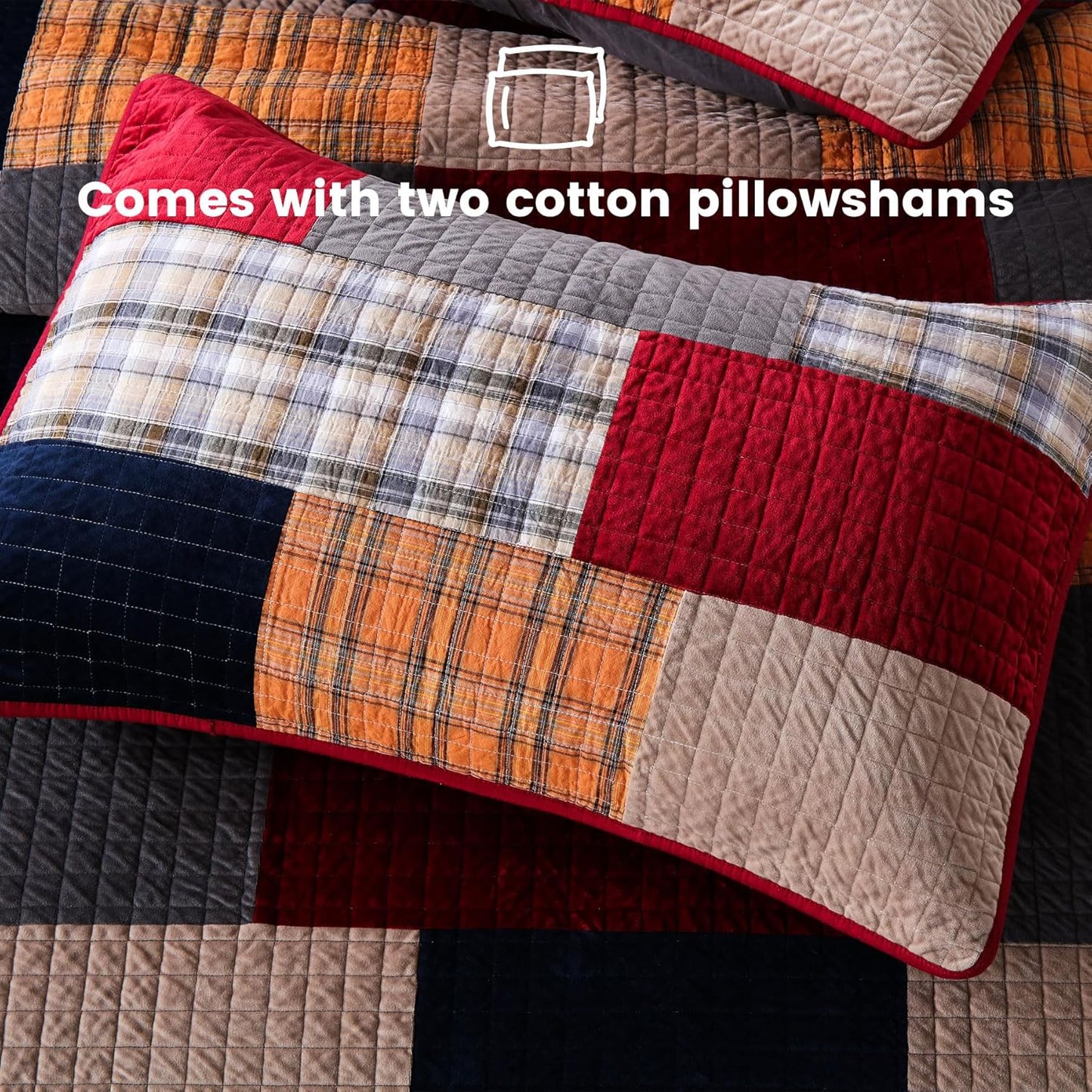 Secgo Velvet Queen Comforter Set for Bed - 100% Cotton Quilts Queen Size, Red, Black Bedspreads (90 * 98 Inch) with 2 Pillow Shams, Patchwork Reversible Lightweight Bedding