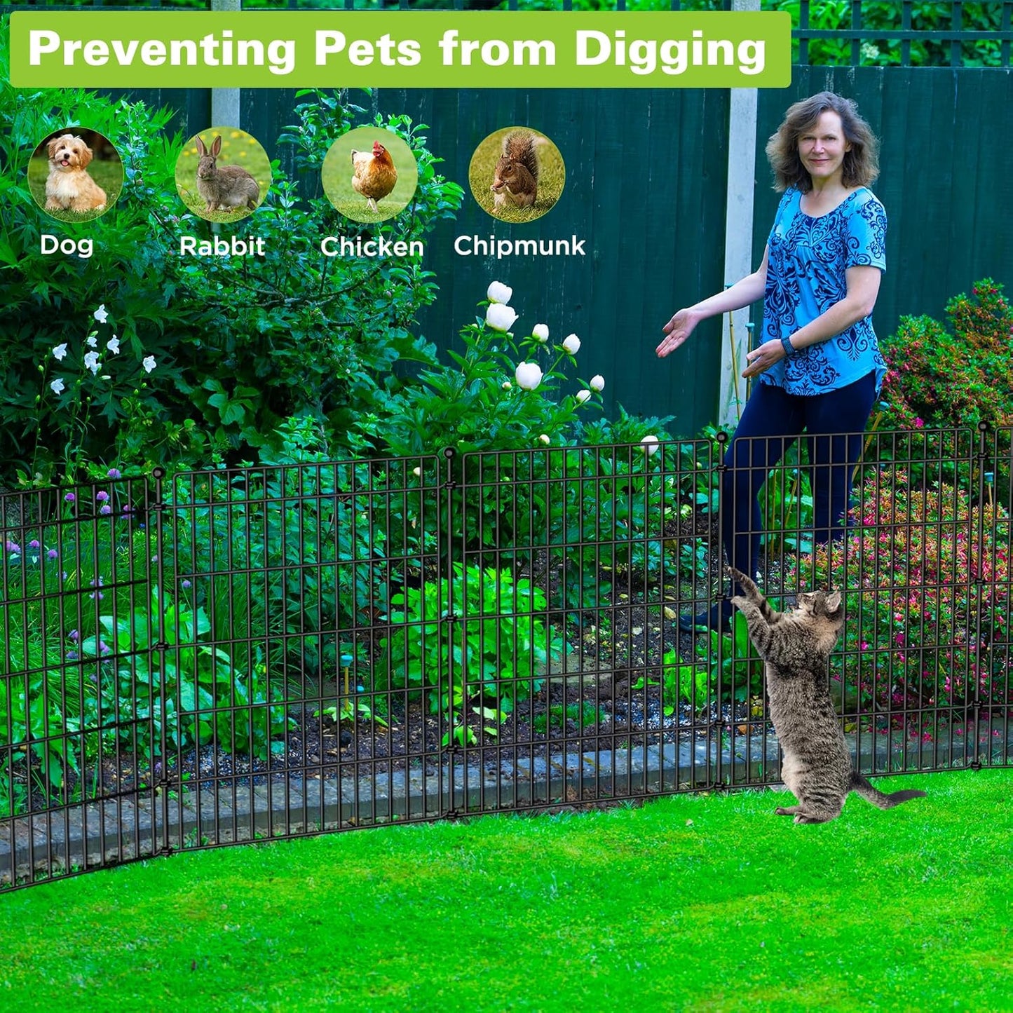 10 Panels No Dig Garden Fence with Gate, 34in(H) × 22.5ft(L) Decorative Metal Outdoor Dog Fence, Rustproof Pet Fencing for Yard, Patio, Flower Bed -Temporary Fencing| Easy to Install