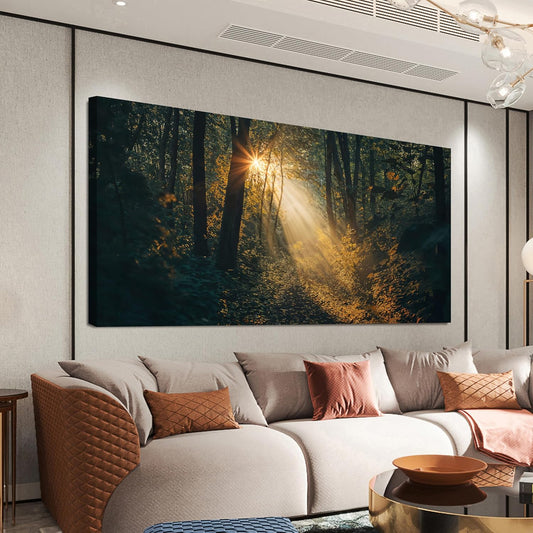 Canvas Wall Art Landscape Dark Green Wall Art Large Sunny Forest Trail Wall Art Decor Artwork For Walls Pictures Prints For Bedroom Decorations Pictures For Living Room Office Wall Decor 24“ X 48”