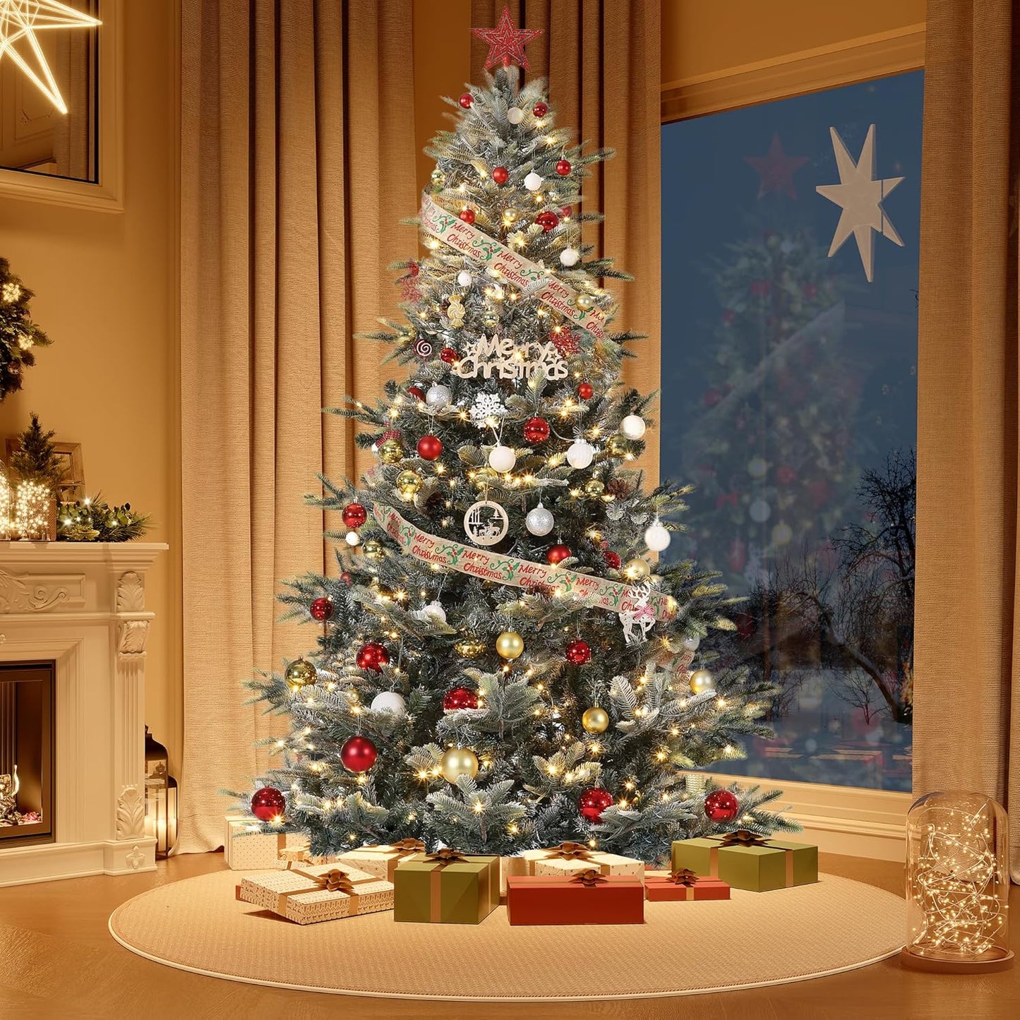 7.5ft Pre-lit Artificial Christmas Tree with Incandescent Warm White Lights, Snow Flocked Full Prelighted Xmas Tree Automatic Branch Tips, UL Listed Lights & Foldable Stand, Green & White