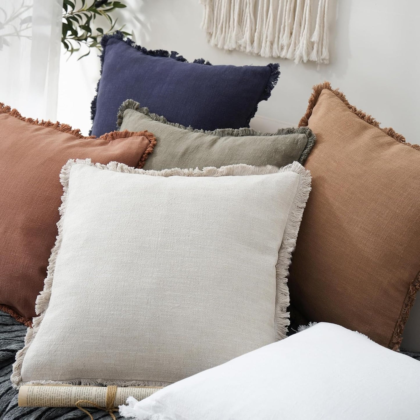 Foindtower Set of 2 Decorative Linen Fringe Throw Pillow Covers Cozy Boho Farmhouse Cushion Cover with Tassels Soft Accent Pillowcase for Couch Sofa Bed Living Room Home Decor, 16×16 Inch, Beige