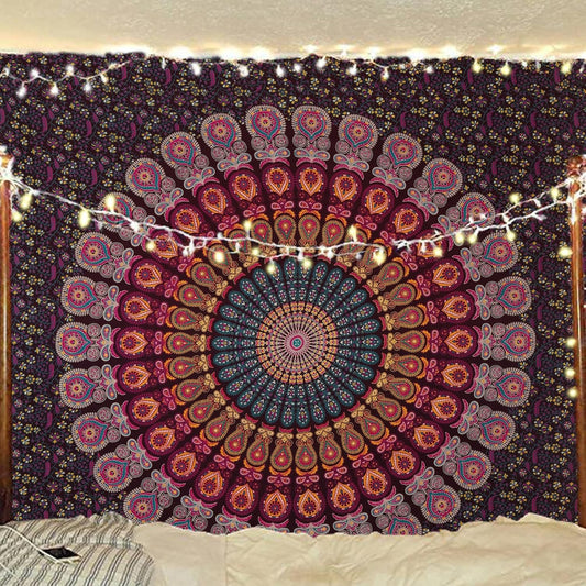 Bless International Handmade Indian hippie Bohemian Psychedelic Peacock Mandala Wall hanging College Dorm Beach Throws Table Cloth Bedding Tapestry (Golden Pink Blue, Queen(84x90Inches)(215x230Cms))