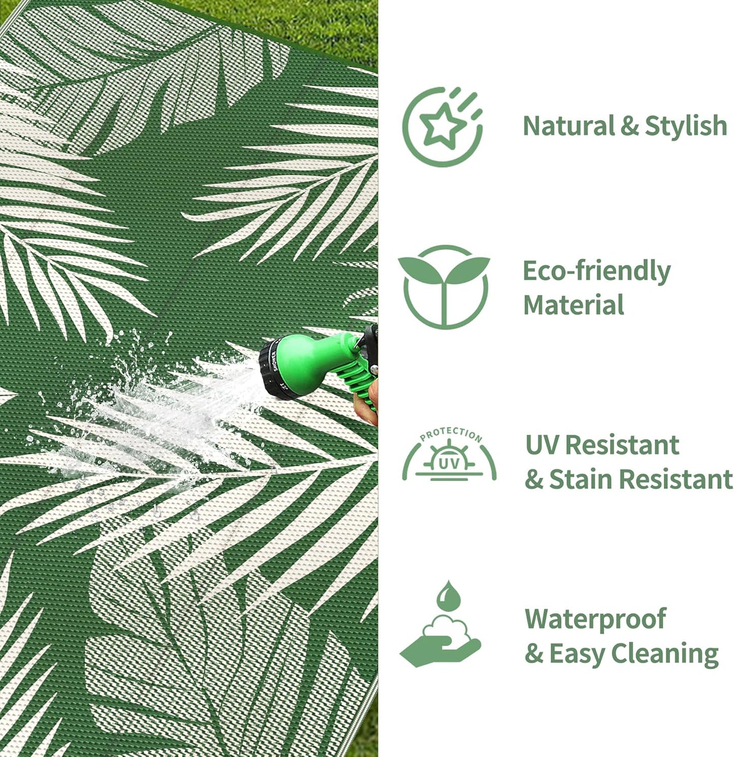 GENIMO Outdoor Rug 6' x 9' Waterproof for Patios Clearance, Reversible Outdoor Plastic Straw Camping Rug Carpet, Large Area Rugs Mats for RV, Picnic, Backyard, Deck, Balcony, Porch, Dark Green&White