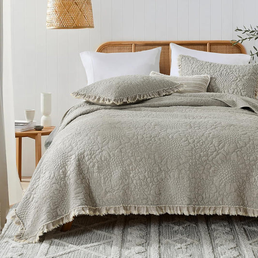 HORIMOTE HOME Beige Ruffled Quilt Queen Size, Stone-Washed Microfiber Lightweight Crinkled Farmhouse Rustic Shabby Chic Bedding Set, 3 Pieces Reversible Bedspread with Pillow Shams for All Season