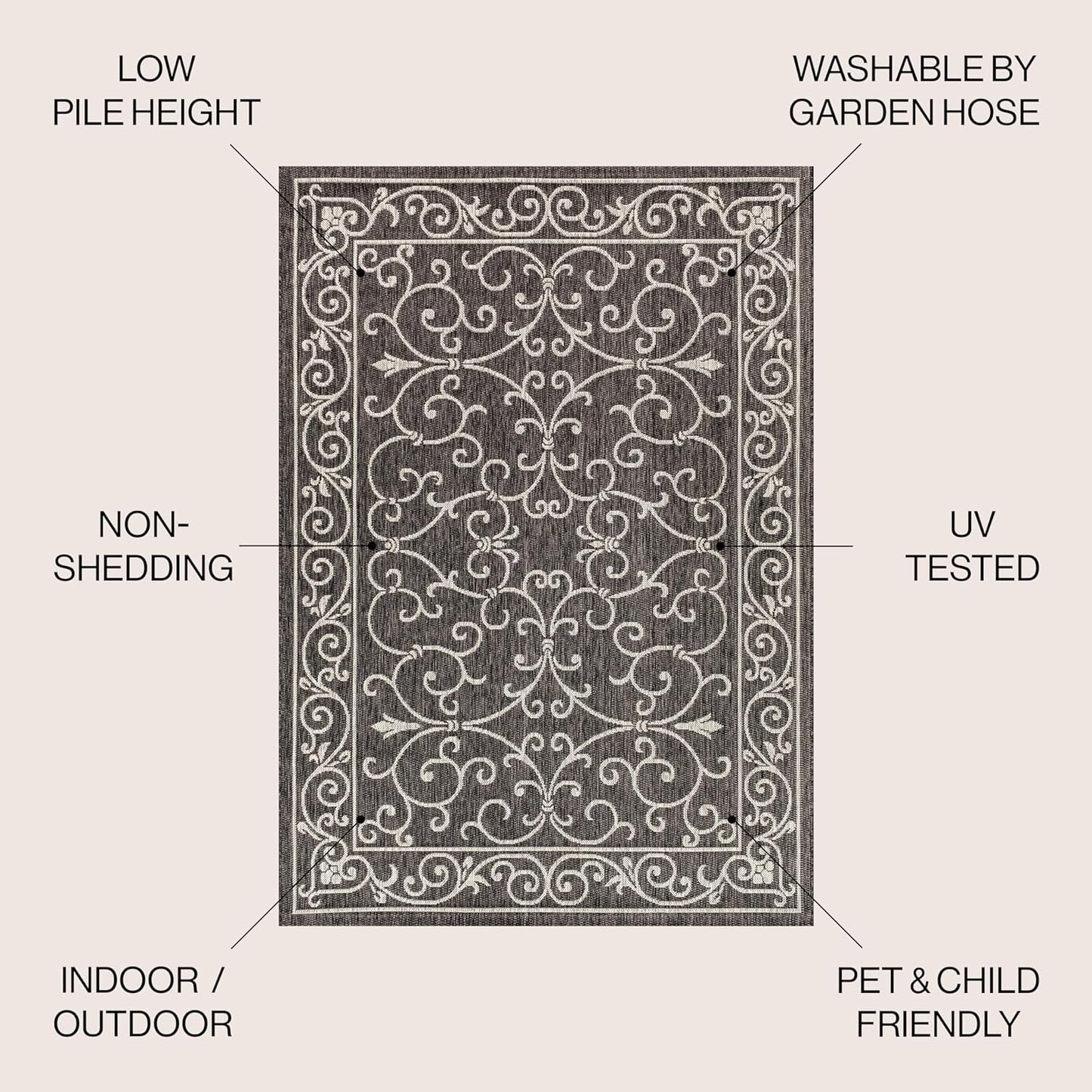 JONATHAN Y Vintage Filigree Indoor Outdoor Square Area Rug 9X9 Black/Gray, Charleston Textured Weave for Backyard, Patio, Porch, Easy-Cleaning, High Traffic, Pet-Friendly, Non-Shedding (SMB106G-9SQ)