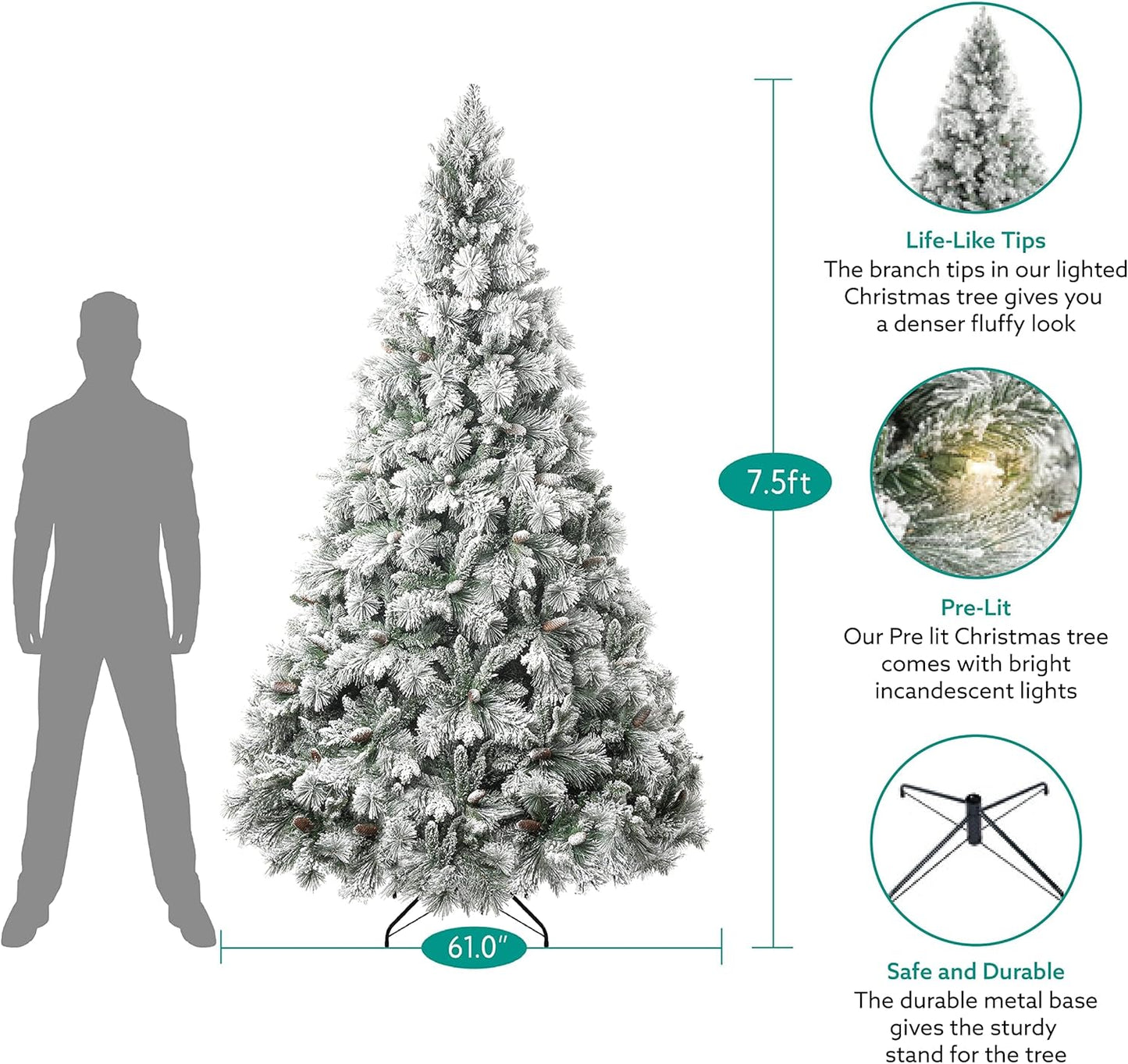 Glasgow 7.5ft Frosted Prelit Artificial Christmas Tree with Pine Cones, Foot Pedal, 1556 Branch Tips, 750 Warm Lights & Metal Stand, 61" Wide Realistic Pine Snow Flocked Christmas Tree with Lights