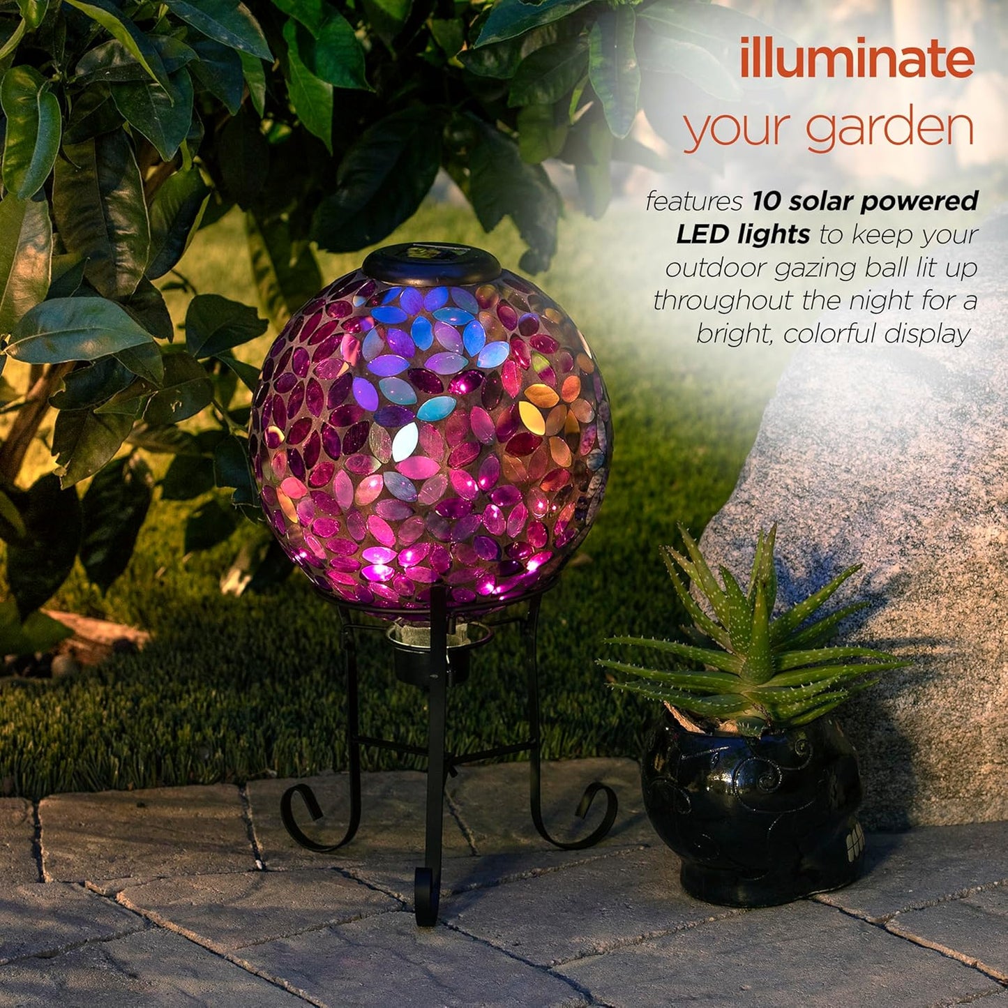 Alpine Corporation GRS122A-SLR Indoor/Outdoor Glass Solar Powered Mosaic Gazing Globe Yard Decoration, 10", Purple