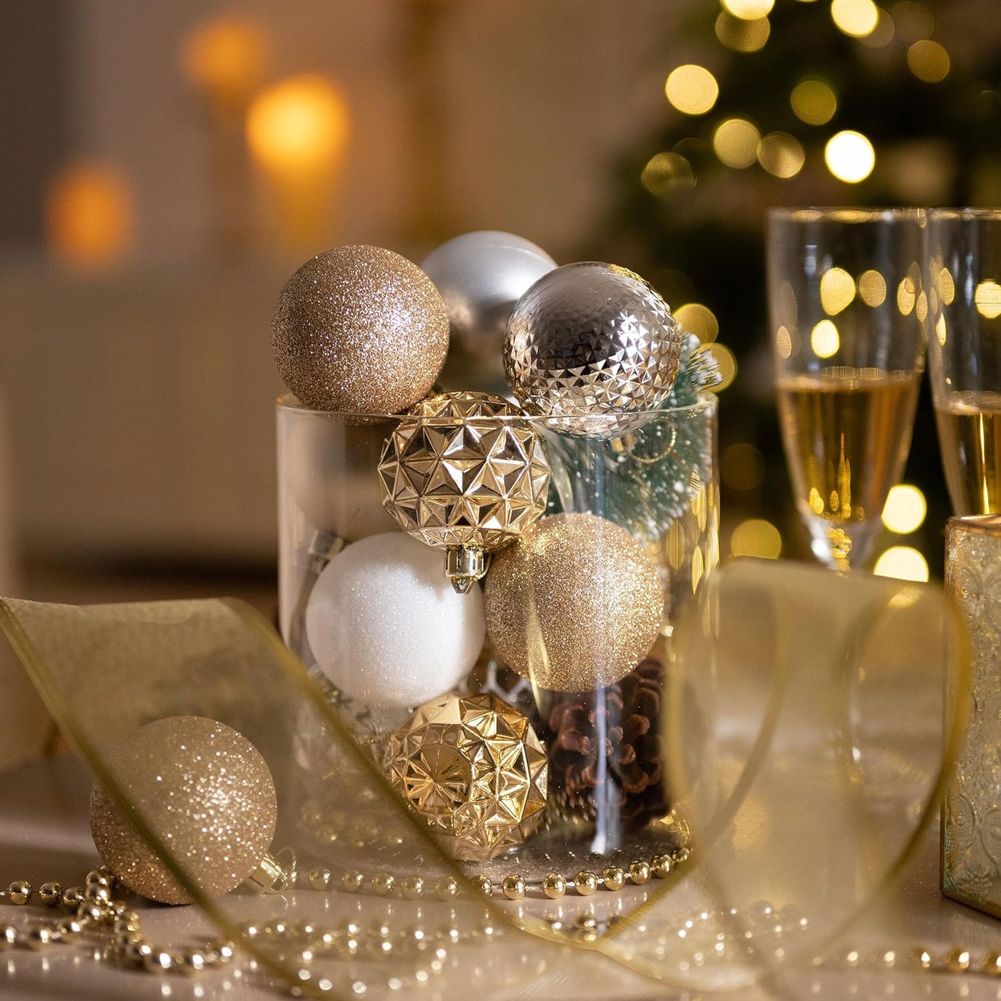 Valery Madelyn Christmas Tree Decorations Ornament Set for Fall Halloween, 50ct 2.36 Inches White and Gold Shatterproof Christmas Ball Ornaments Hanging Xmas Holiday Party Decor