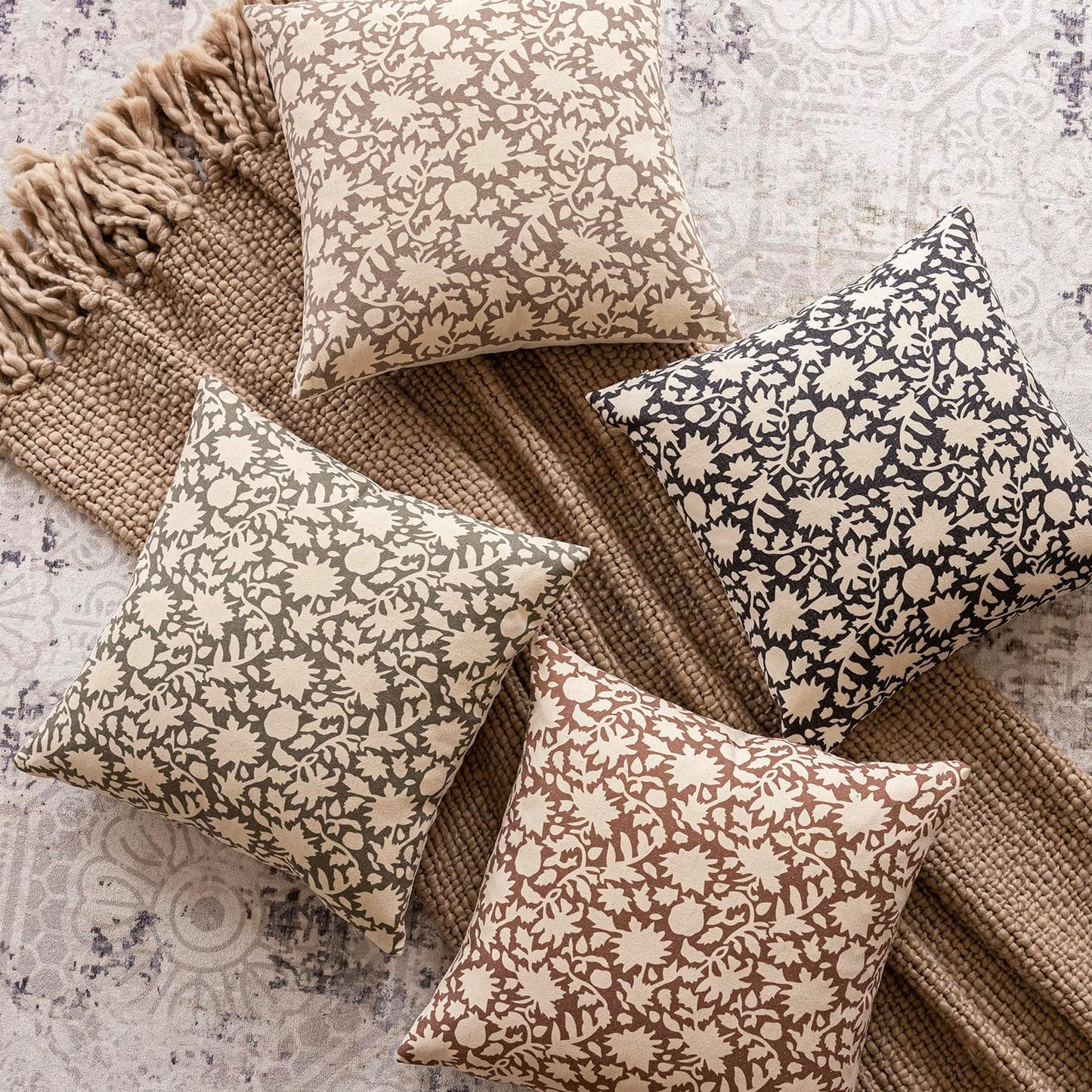 Foindtower Set of 2 Decorative Neutral Floral Throw Pillow Covers Accent Farmhouse Cushion Covers Boho Vintage Pillowcase for Couch Sofa Bedroom Living Room Home Decor Outdoor,24×24 Inch,Tan