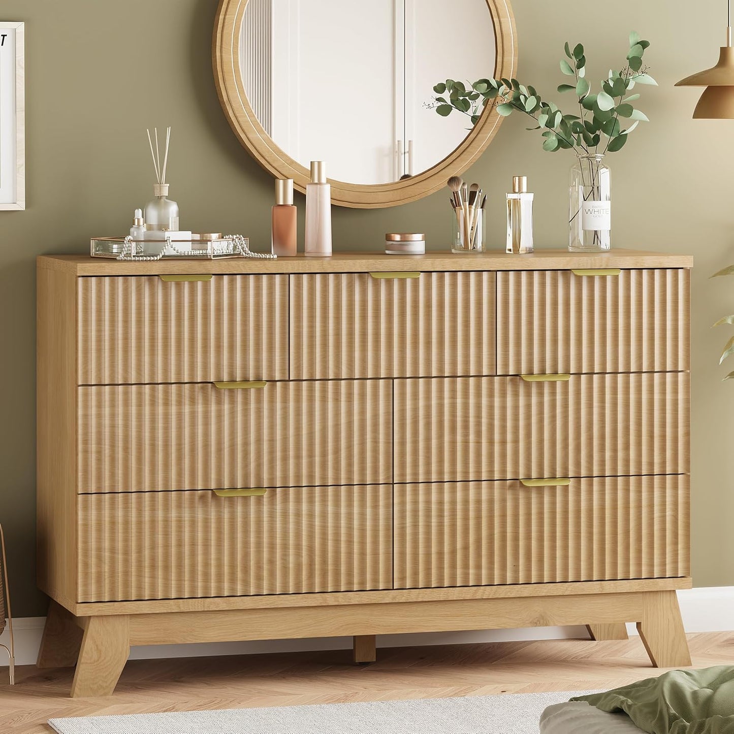 Fluted Dresser for Bedroom with 7 Drawers, 48" Wide Modern Chest of Drawers with Metal Handle, Wood Dresser TV Stand, Wooden Closet Clothes Storage Organizer for Living Room, Hallway, Natural Oak