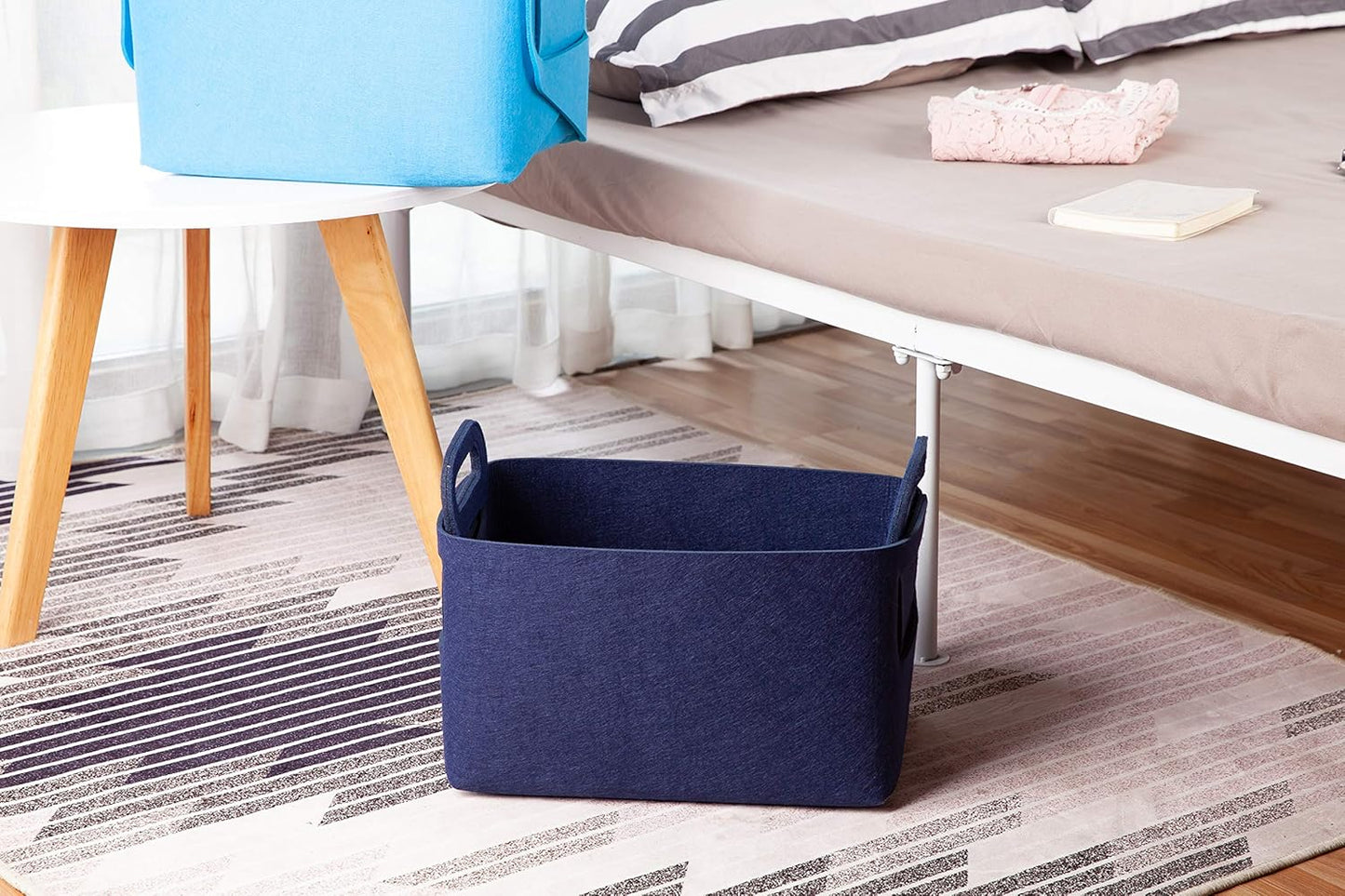Minoisome Storage Basket Felt Storage Bin Collapsible& Convenient Box Organizer with Carry Handles for Office Bedroom Closet Babies Nursery Toys Laundry (Navy Blue, 13.8inch（L）×9.5inch（W）×8.3inch（H）)
