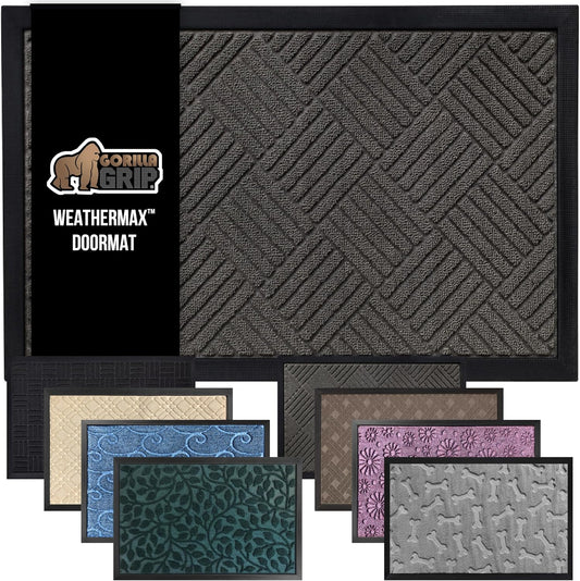 GORILLA GRIP 100% Waterproof All-Season WeatherMax Doormat, 47x35, US Designed Natural Rubber, Stain and Fade Resistant, Low Profile Indoor Outdoor Door Mats, Easy Clean Patio Mat, Gray Diamond