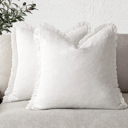 Foindtower Set of 2 Decorative Linen Fringe Throw Pillow Covers Cozy Boho Farmhouse Cushion Cover with Tassels Soft Accent Pillowcase for Couch Sofa Bed Living Room Home Decor,18×18 Inch,White
