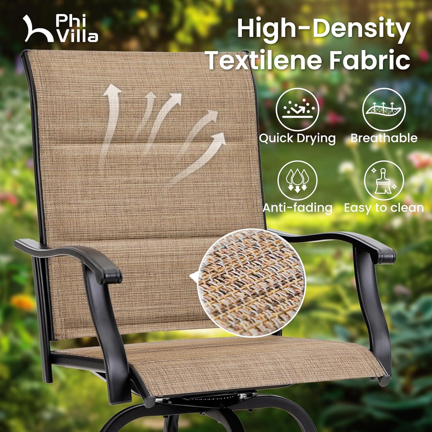 PHI VILLA 5 Piece Outdoor Bar Set, High Top Patio Dining Table and Chairs with 4 Swivel Padded Bar Stools (Brown) & Wood-Like Steel Bar Table for Deck, Garden, Poolside and Porch