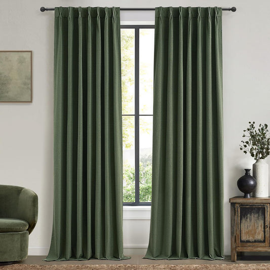 100 Inch Curtains for Classroom, 100 Percent Blackout Thermal Window Curtains for Sliding Glass Door Dark Olive Green Moody Heavy Duty Drapes Linen Pinch Pleated (40W x 100 x 2 Panels)