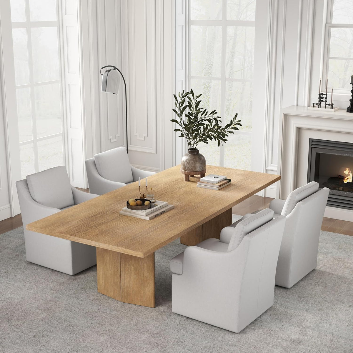 VKNOW Upholstered Dining Chairs Set of 4, Modern Kitchen Chairs Dinner Chairs with 4 Casters, Linen Armchair for Bedroom Reading Room Living Room, Light Grey