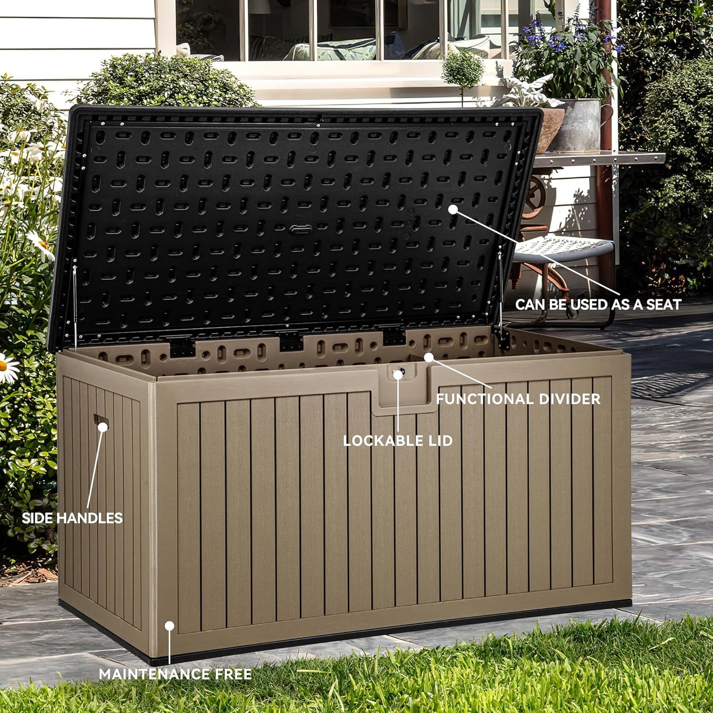 YITAHOME 230 Gallon Large Deck Box with Divider & Side Handles, Outdoor Double-Wall Storage for Patio Furniture Cushions, Garden Pool Accessories, Waterproof & Lockable