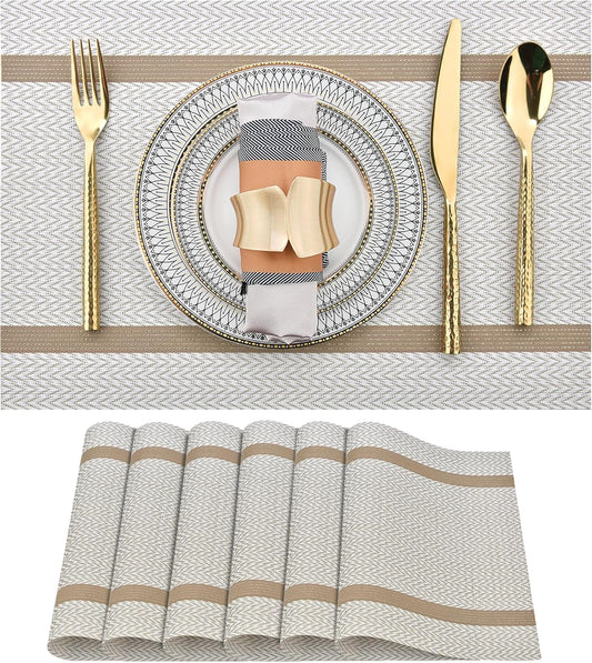 Beige White Placemats Set of 6 - Easy Clean Modern Durable Washable Vinyl Place Mats - Heat Resistant Placemats for Kitchen Table - PVC Table Mats for Dining Table (Beige White with Stripes, 6)
