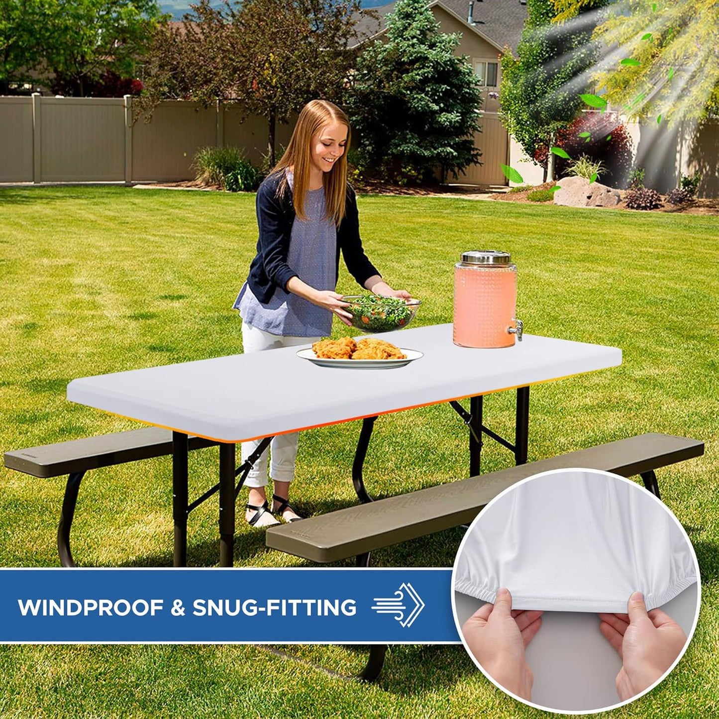 Fitted Tablecloth for 6 Foot Rectangle Tables-2 Pack White Elastic Outdoor Picnic Table Cover-Spandex Stretch Folding Table Cloths 6 ft for Camping Dining Room Patio Kitchen Banquet Party