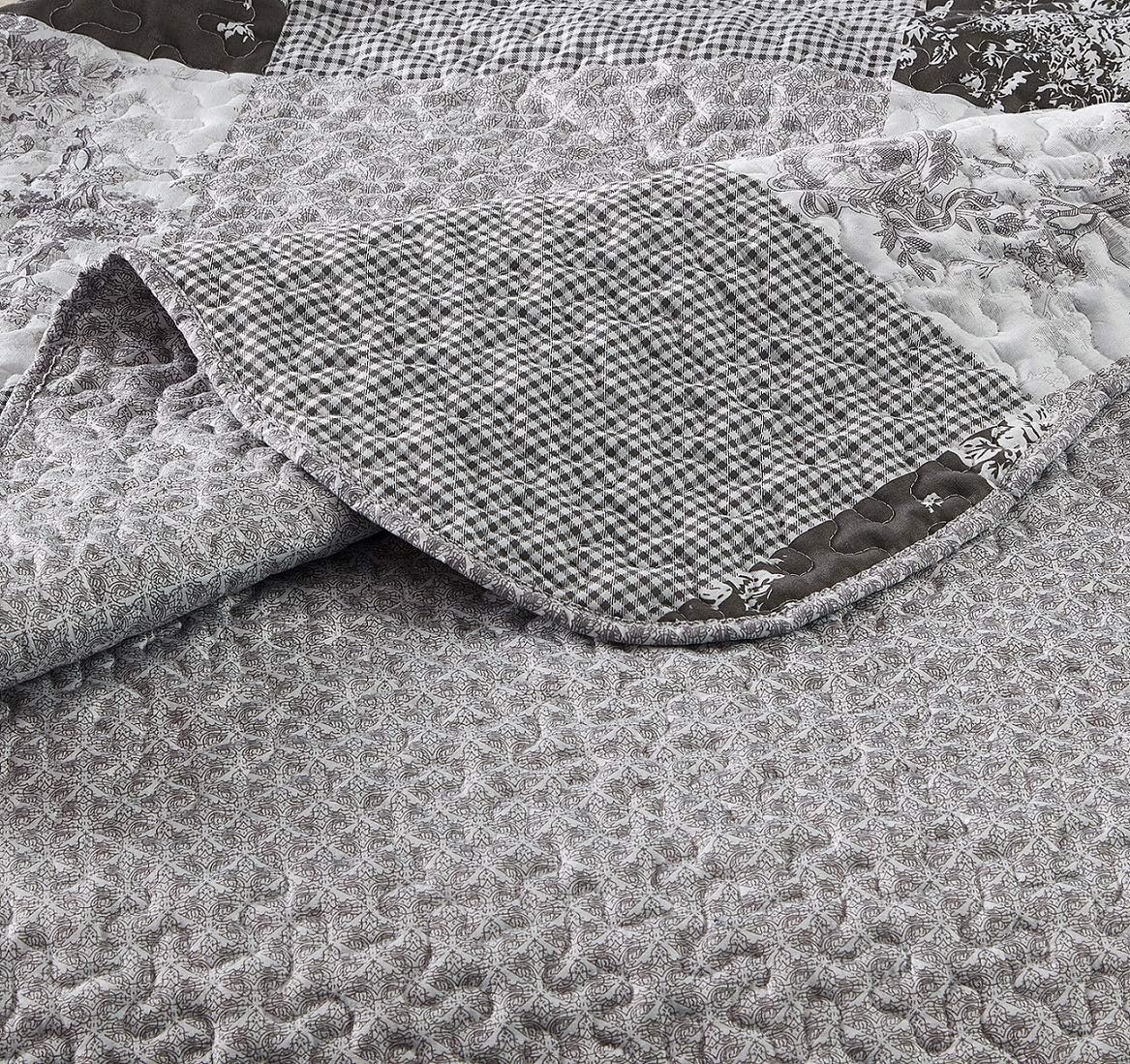 Brilliant Sunshine Grey Toile Floral Patchwork, 3-Piece Quilt Set with 2 Shams, Reversible Bedspread, Soft Lightweight Coverlet, All-Season, King, Grey