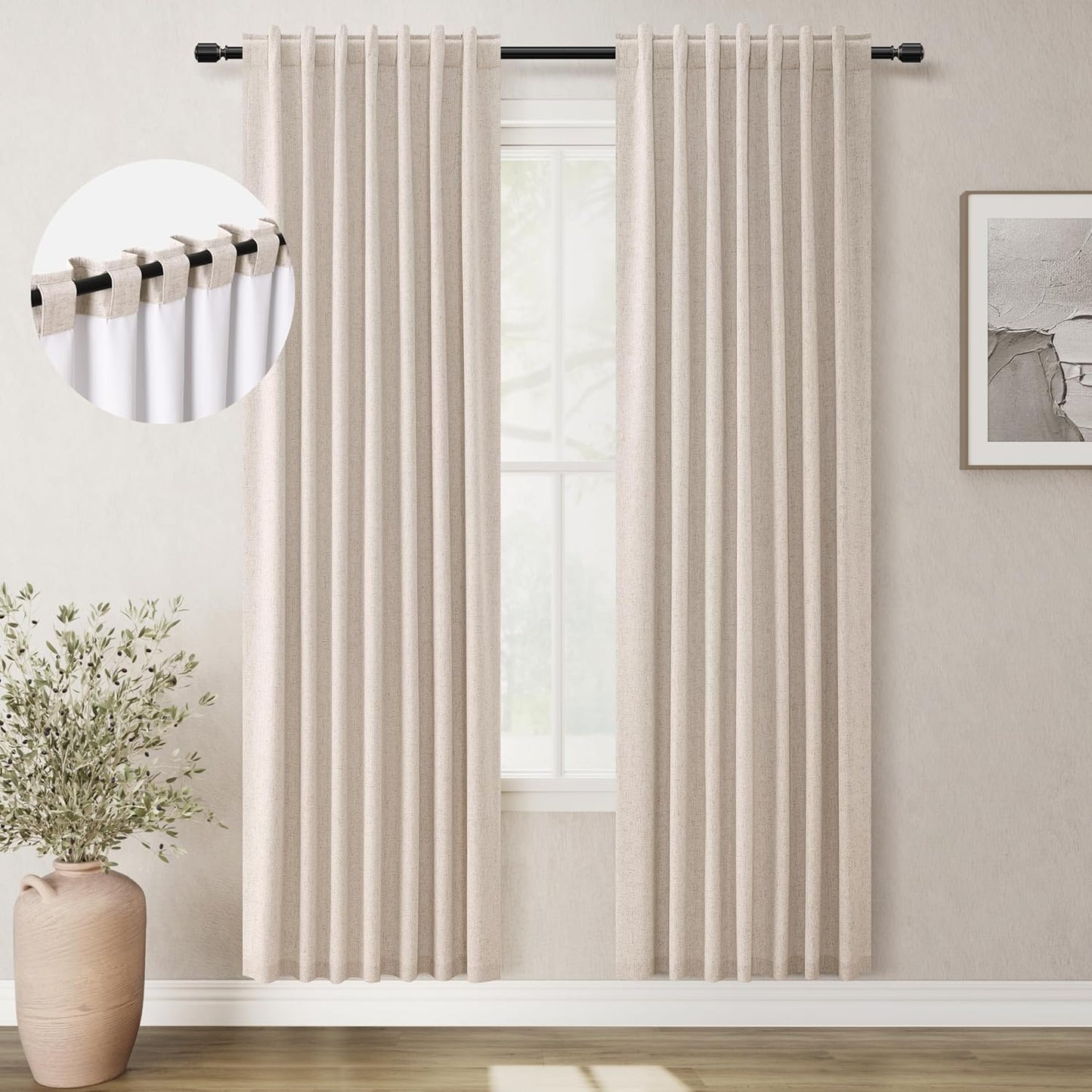 BOODII Oatmeal Linen Black Out Curtains 80 Inch Long 2 Panels Set for Bedroom Light Blocking Curtains Greige with 100% Blackout Backing Warm Taupe Thermal Insulated Room Darkening Nursery Curtain