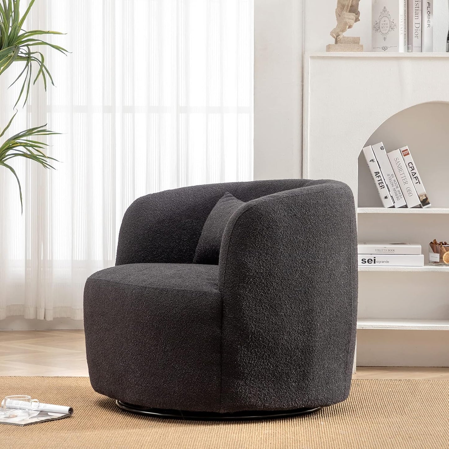 KINWELL 34" Wide Boucle Swivel Barrel Chair, No Assembly Round Upholstered Armchair Accent Chair Single Sofa Chair with Toss Pillow for Living Room and Bedroom, Dark Grey