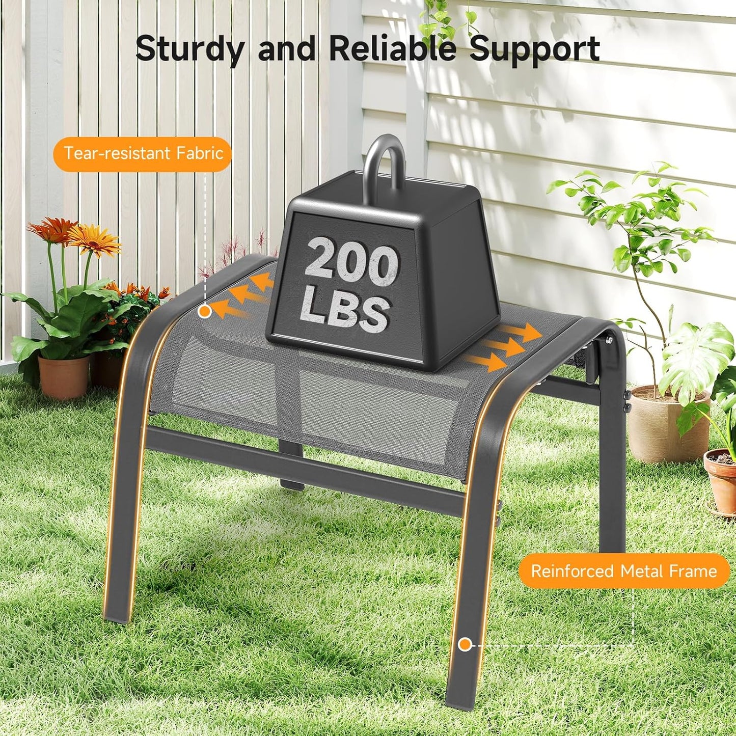 Outdoor Ottoman Set of 2, All Weather Outdoor Foot Stool with Supportive Textliene and Metal Frame, Stackable Oversized Outdoor Foot Rest for Furniture Patio Garden Pool, Grey
