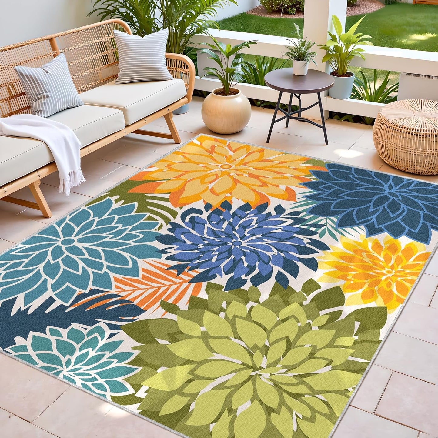 Indoor Outdoor Area Rug Washable Multicolored Patio Rug Tropical Botanical Modern Floral Indoor Outdoor Carpet Non Slip Yellow Green Rug Non Shedding for Patio, Deck, Backyard, Porch (8x10)