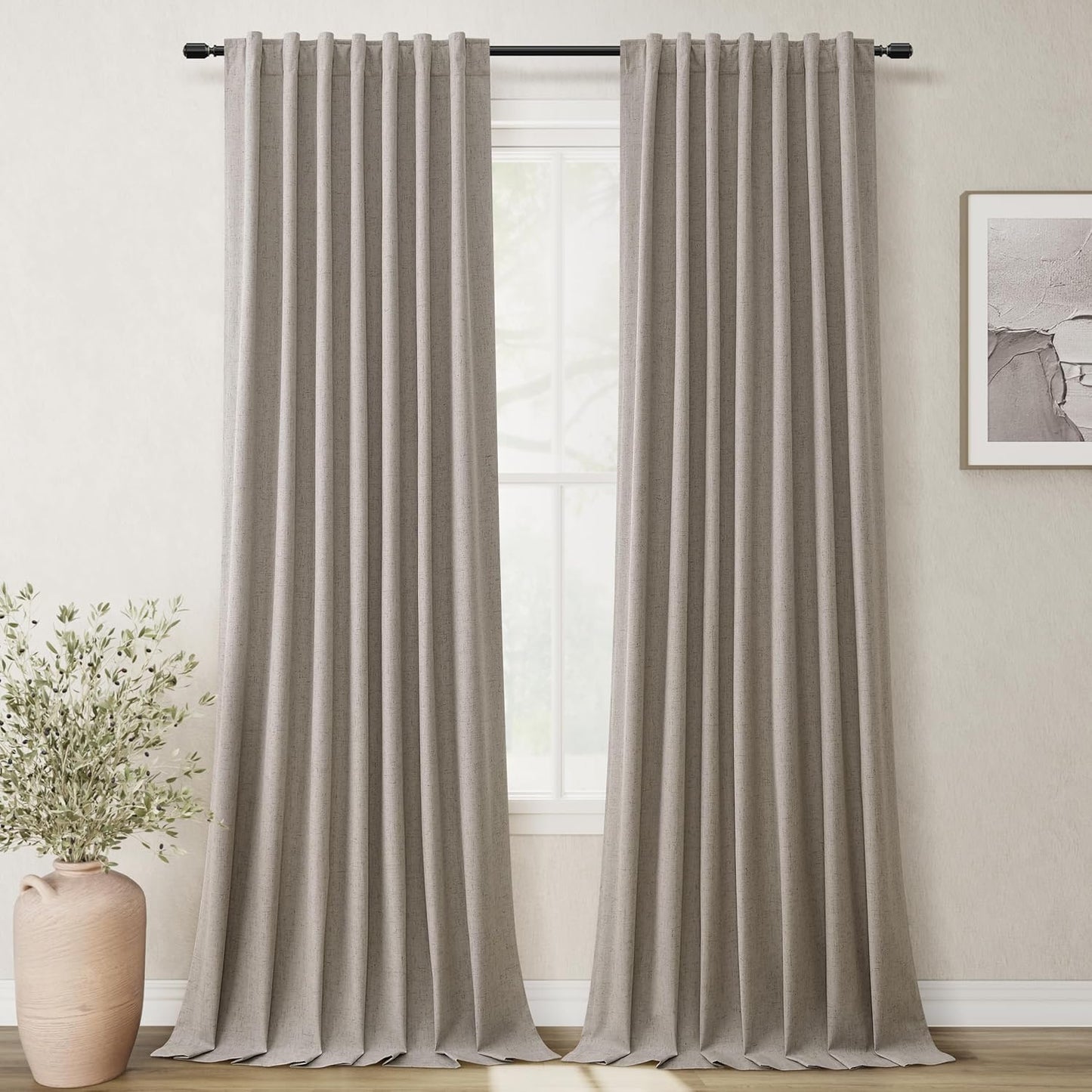 108 Inch Black Out Curtains 2 Panels Set Back Tab Thermal Insulated Natural Linen Textured Blackout Curtains Noise Reducing Dark Taupe Neutral Living Room Darkening Window Drapes Pleated 52x108