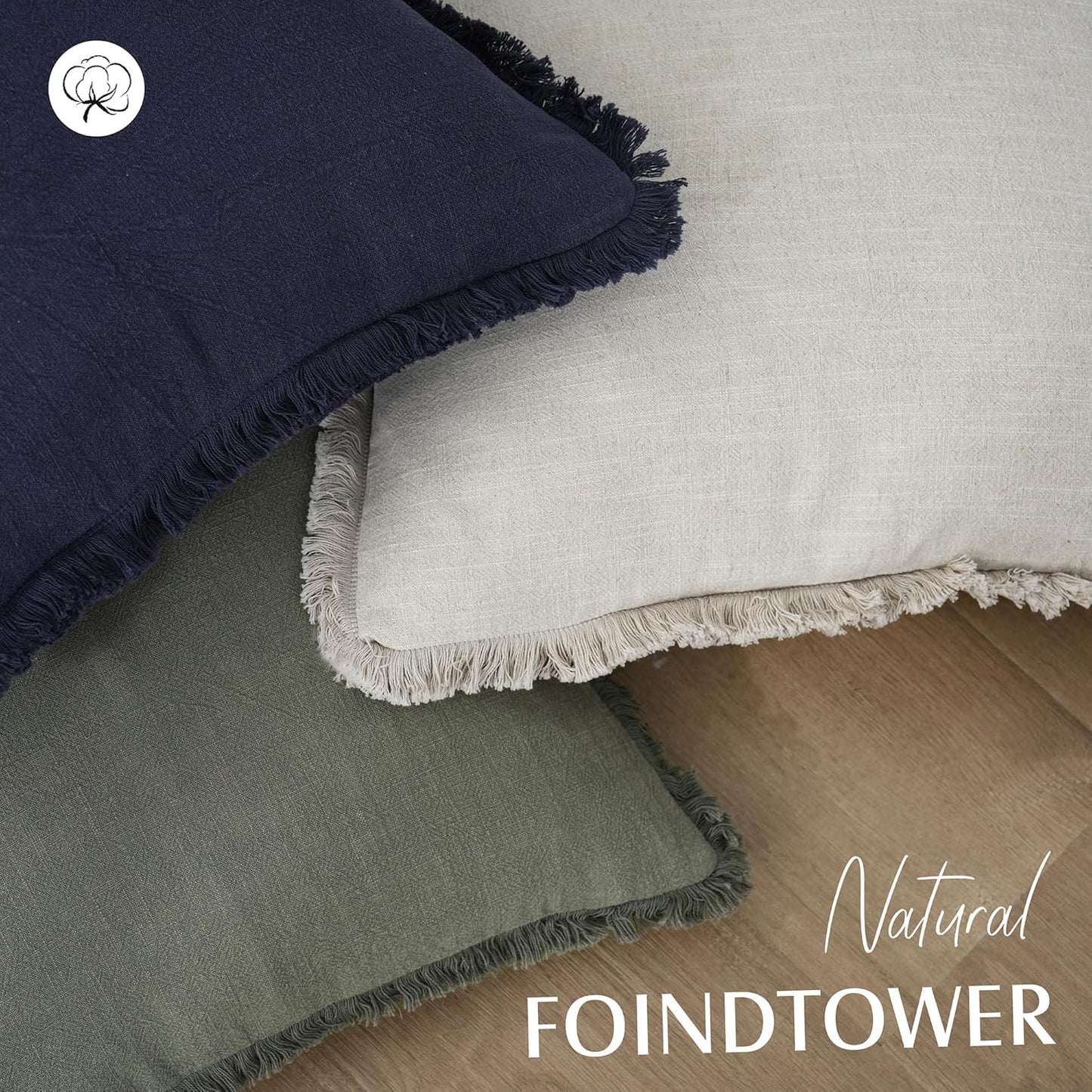 Foindtower Set of 2 Decorative Linen Fringe Throw Pillow Covers Cozy Boho Farmhouse Cushion Cover with Tassels Soft Accent Pillowcase for Couch Sofa Bed Living Room Home Decor, 24×24 Inch, Beige