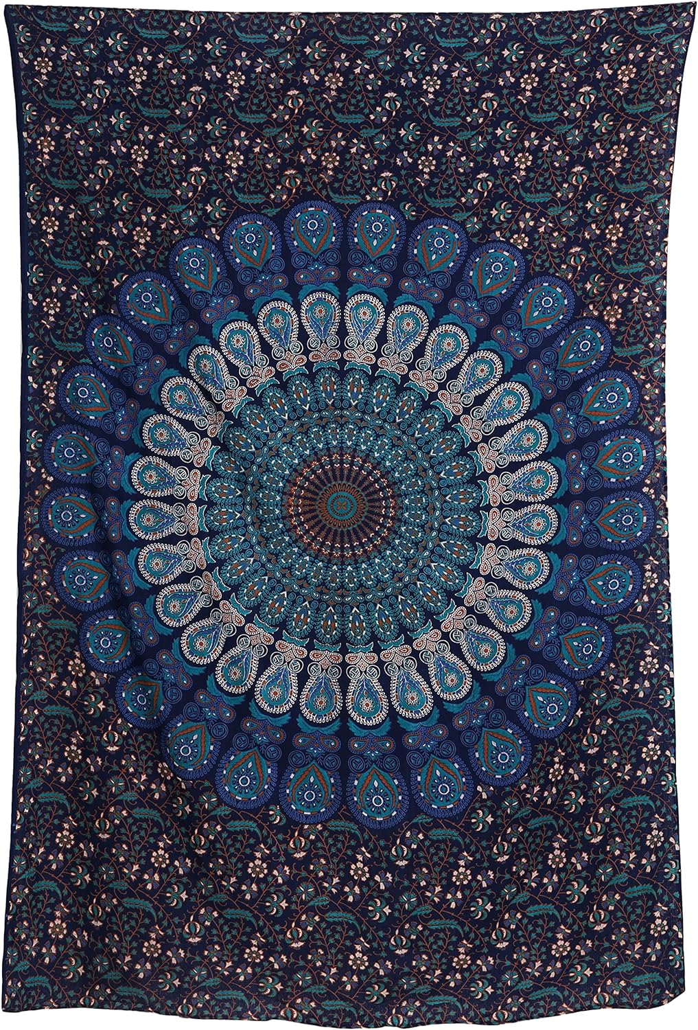 Bless International Handmade Indian hippie Bohemian Psychedelic Peacock Mandala Wall hanging College Dorm Beach Throws Table Cloth Bedding Tapestry (Blue Green, Poster(30x40Inches)(76x101cms))