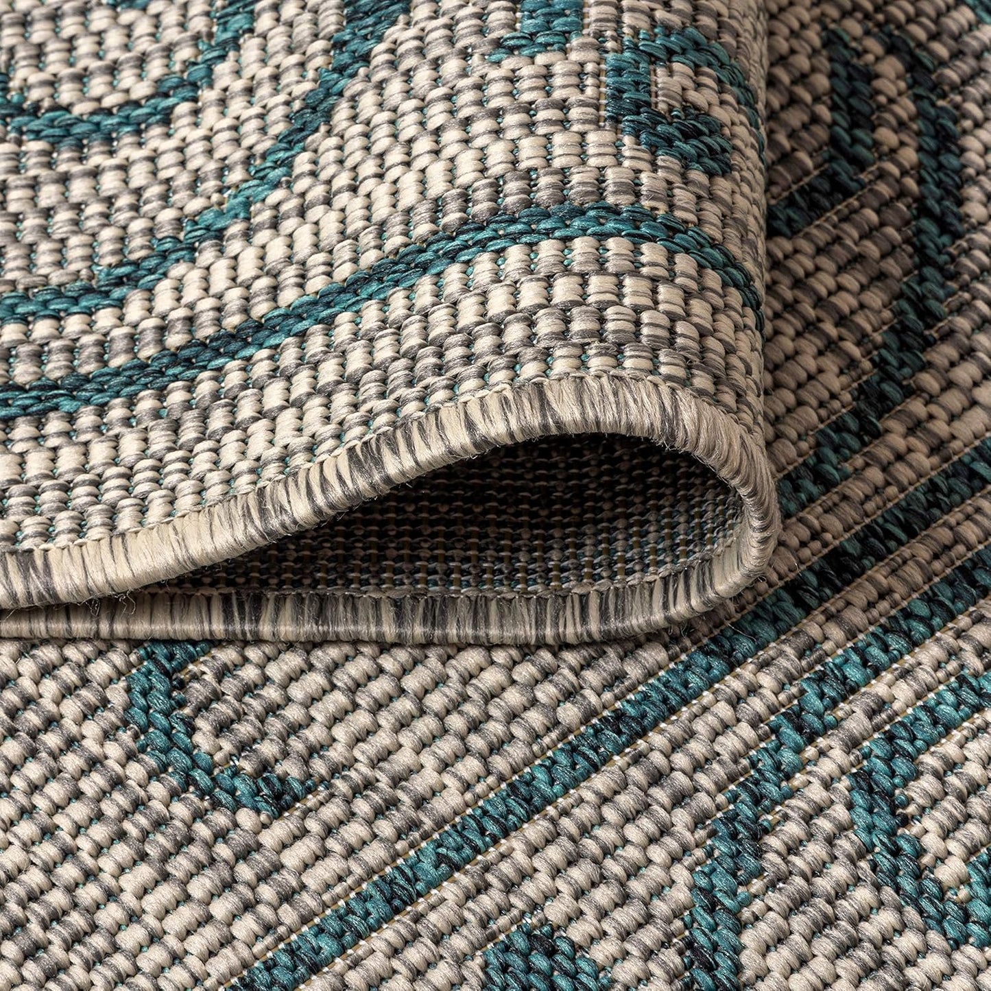 JONATHAN Y Vintage Filigree Indoor Outdoor Round Area Rug 9 Ft Gray/Teal, Charleston Textured Weave for Backyard, Patio, Porch, Easy-Cleaning, High Traffic, Pet-Friendly, Non-Shedding (SMB106E-9R)