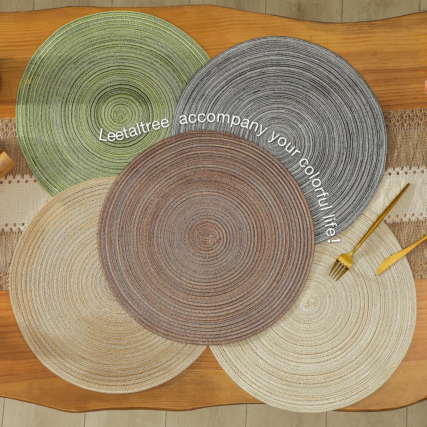 Leetaltree Round Placemats Heat and Slip Resistant Cotton Table Mats, Washable Bohemian Placemats for Dining Tables (White Beige, Set of 4)
