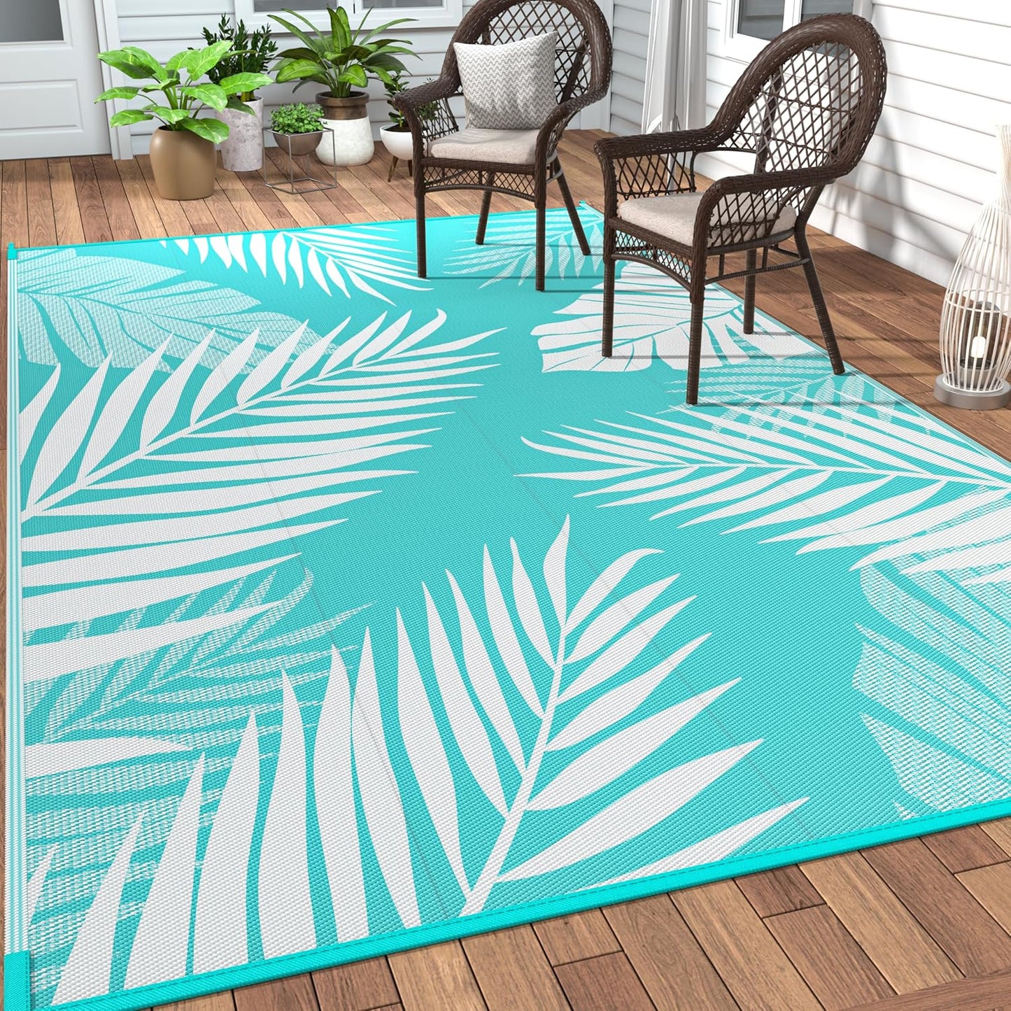 GENIMO Outdoor Rug 9' x 12' Waterproof for Patios Clearance, Reversible Outdoor Plastic Straw Camping Rug Carpet, Large Area Rugs Mats for RV, Camper, Deck, Balcony, Porch, Beach, Aqua Blue&White