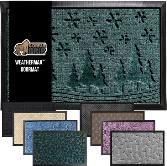 GORILLA GRIP 100% Waterproof All-Season WeatherMax Doormat, US Designed Natural Rubber, Stain and Fade Resistant, Low Profile Indoor Outdoor Door Mats, Easy Clean Patio Mat, 17x29, Green Snowscape